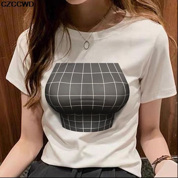 

new t shirt women fashion 3d spoof big chest print casual summer short sleeved t shirt harajuku personality streetwear tees, White