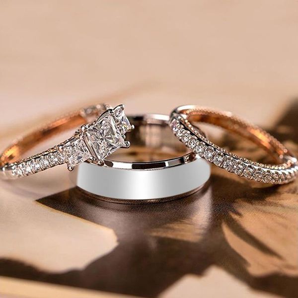 

wedding rings luxury female white crystal zircon stone ring set 3pcs silver color for women trendy square love engagement, Slivery;golden