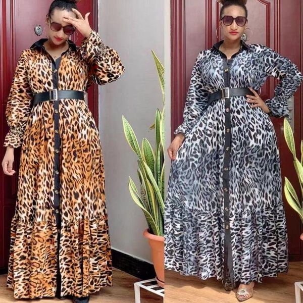 

ethnic clothing fashion dashiki african leopard print maxi dress 2021 women's spring autumn turn-down collar long vestidos female robe, Red