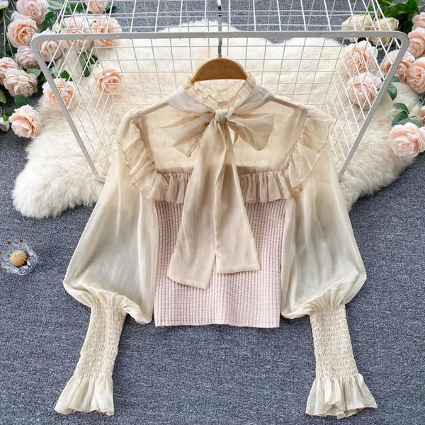 

women's blouses & shirts singreiny 2021 autumn french blouse women bow collar knit splice chiffon long sleeve slim streetwear short, White