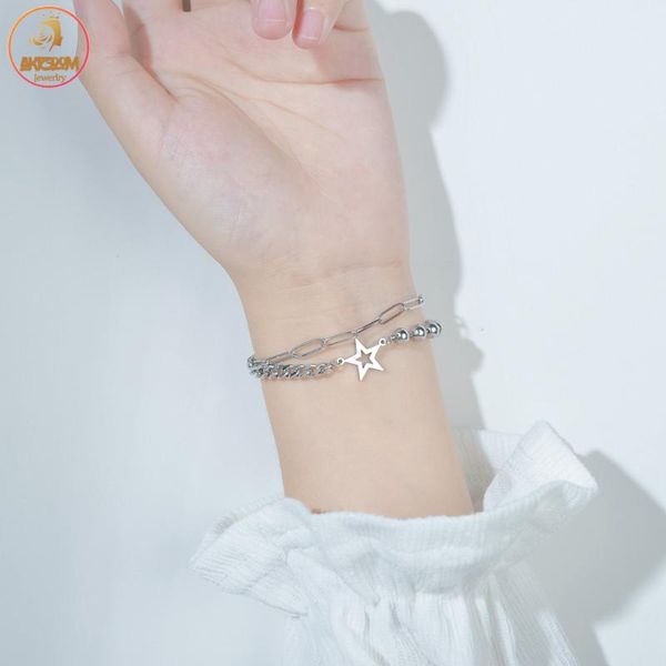 

link, chain akizoom fashion stainless steel bracelets for women double layers bangles round beads gold jewelry friends couple gift, Black