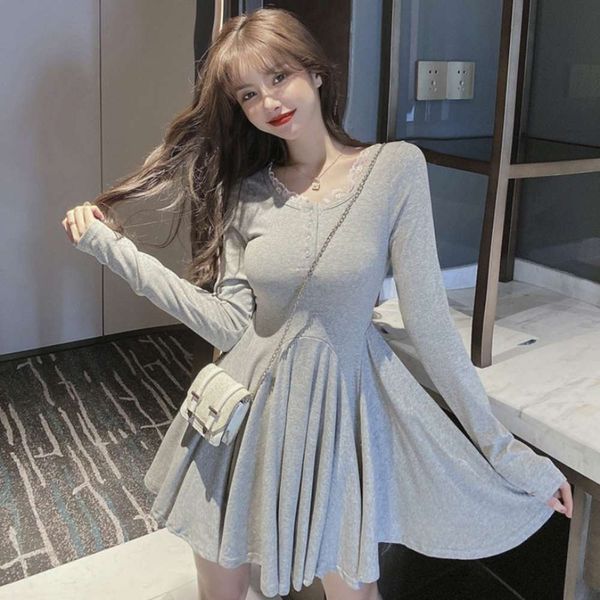 

temperament waist small early autumn temperament fairy 2020 tucking new panties long sleeve pleated skirt suit dress hot, Black;gray