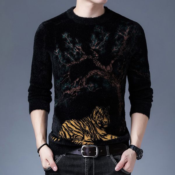 

autumn and winter imitation sable long sleeve high-end fashion thickened round neck men's casual sweater, Black