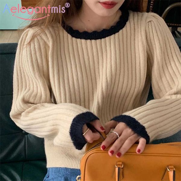 

aelegantmis kawaii cropped knitted sweaters women soft cute short pullover sweater ladies solid jumpers color patchwork 210607, White;black