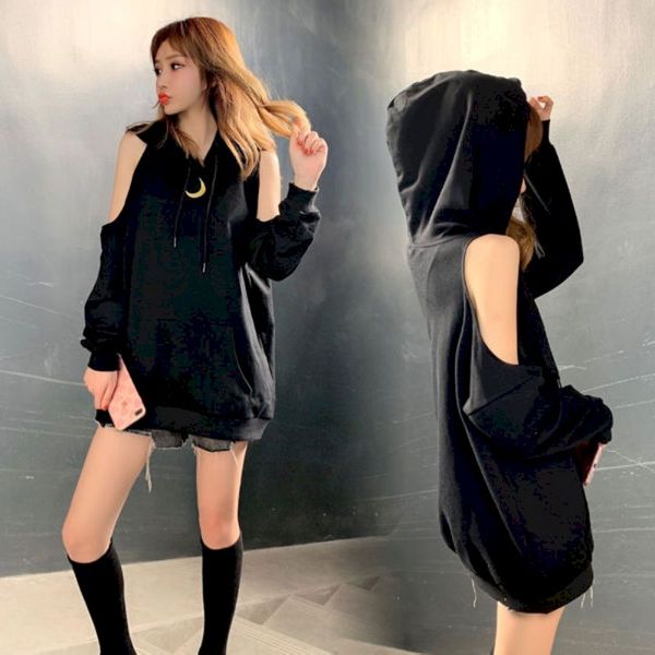 

leisure hoodies korean loose casual crescent print shoulder bare hooded pullovers women streetwear oversized sweatshirts goth, Black