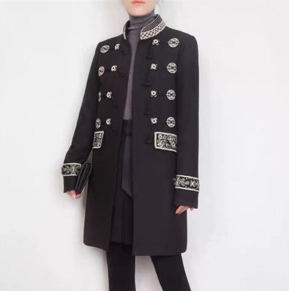 

vintage embroidery women long jacket coat luxury fall winter stand collar slim coat outwear s769, Black