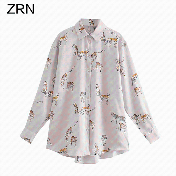 

women's blouses & shirts women blouse autumn 2021 animals printed vintage elegant satin texture long-sleeved female shirt pink loose ch, White