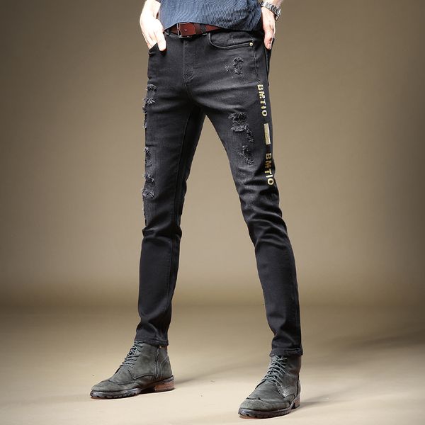 

2021 moda lado impresso preto rasgado jeans masculina casual streetwear fino ajuste calas de brim retas mfv1, White;black