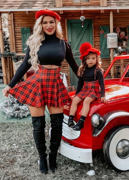 

family matching outfits 2021 classic plaid parent-child skirt fashion mom girl shoulder lace-up suspender mother daughter outfit, Blue