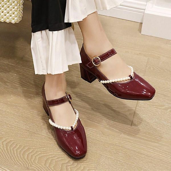 

dress shoes women pumps elegant pearl high heels 2021 red thick with single middle hollow fashion simple woman work, Black