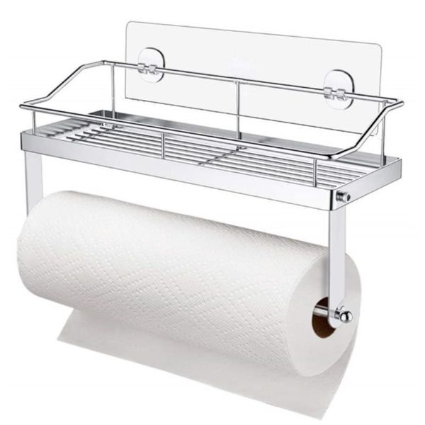 

hooks & rails 50lb no drilling adhesive wall mounted paper towel holder with shelf storage stainless steel 2-in-1 basket organizer rack for