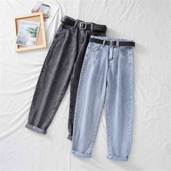 

women's high-waist straight-leg jeans female loose slim pants solid color washed carrot harem trousers sashes 2xl 210708, Blue