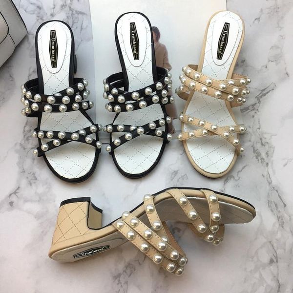

dress shoes 2021 summer women's pearls sandals chic elegant high heel slippers eu35-41 size by676, Black