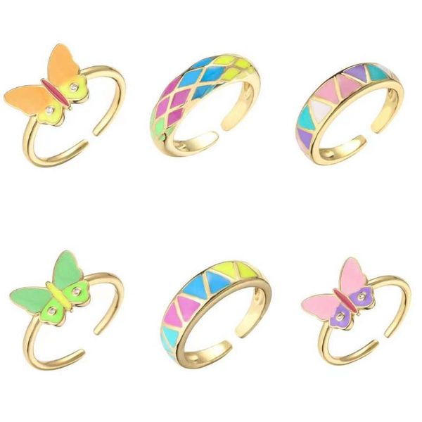 

cluster rings hecheng,butterfly rainbow rings,sweet trendy geometric square dripping oil ring for women,wholesale, Golden;silver