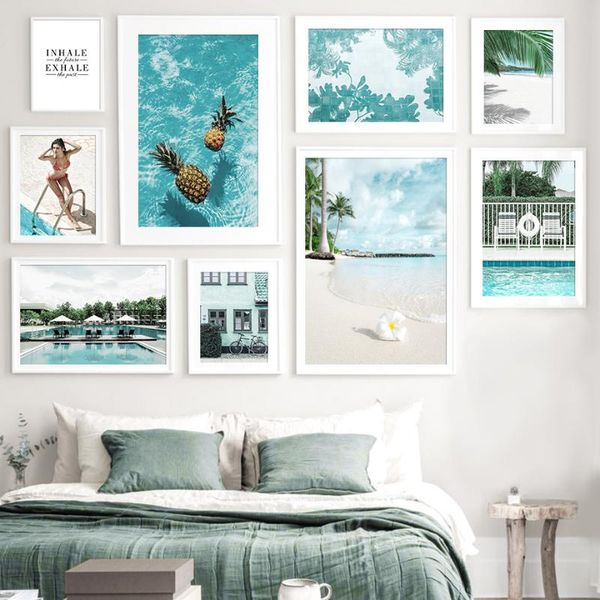 

paintings scandinavian picture sea beach landscape girl swimming summer holiday nordic poster print wall art canvas painting home decor