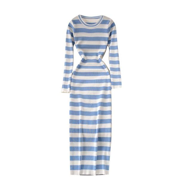 

casual dresses spring autumn women long sleeve slim dress fashion color-blocked striped knitted base, Black;gray