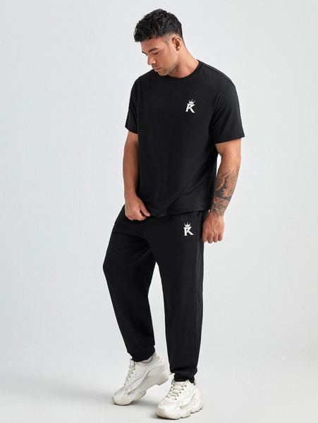 

extended sizes men crown & letter graphic tee & sweatpants l3xy#, Gray