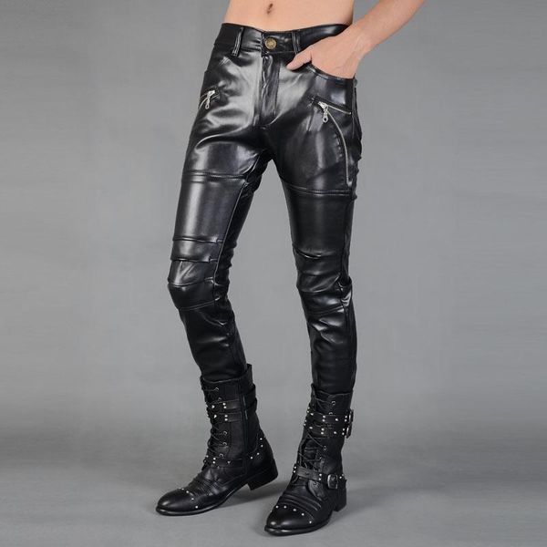 

men's pants black motorcycle faux leather men casual trousers straight pu skinny for mens zipper clothing splice personalized