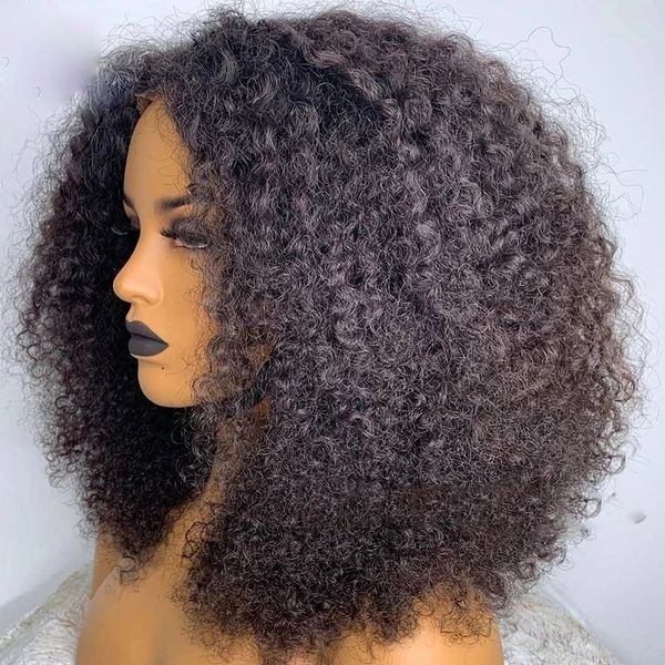 

mongolian afro kinky curly bob lace front human hair wig for african women pre plucked 360 frontal wigs v u part 16inch 150%density ready to, Black;brown
