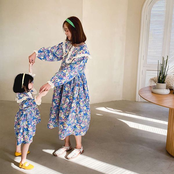 

spring lace collar 2021 parent new women's child floral girls' korean cotton drs, Blue