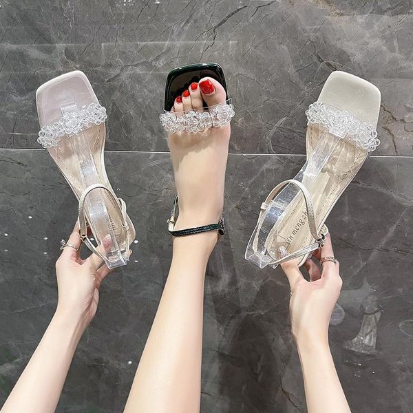 

sandals 2021 summer high heel sandal for women female shoe med high-heeled girls gladiator medium comfort elastic band beige fashion r, Black
