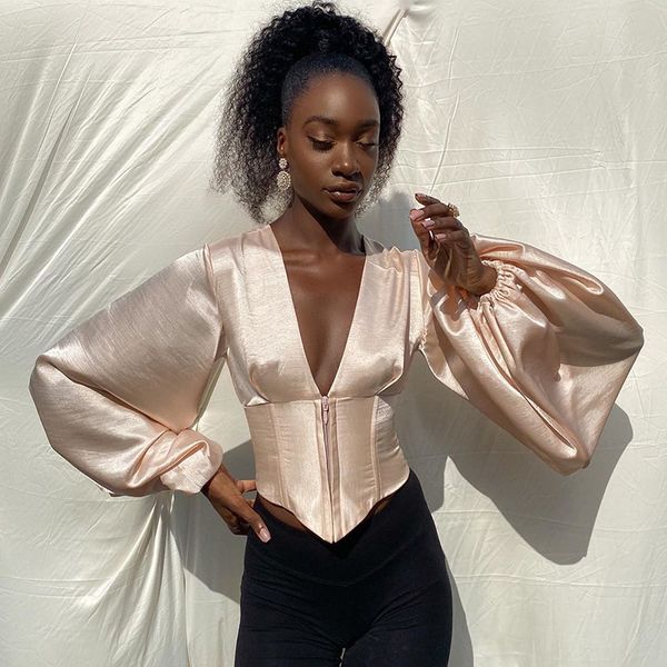 

elegant romantic irregular deep v neck crop woman chic lantern sleeve smooth street tshirt autumn office lady tees, White