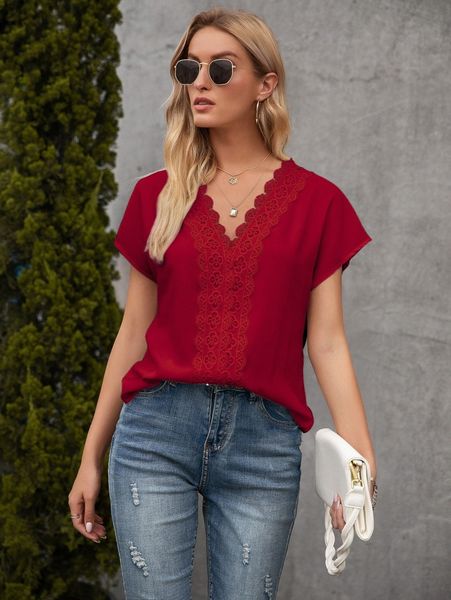 

contrast lace panel solid blouse n0n7#, White