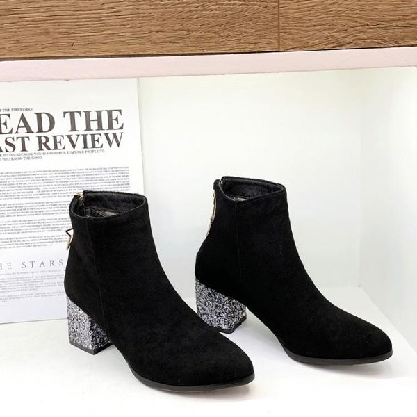

boots big size 9 10 11 12 women shoes ankle for ladies woman winter sequined heel back zipper pendant, Black