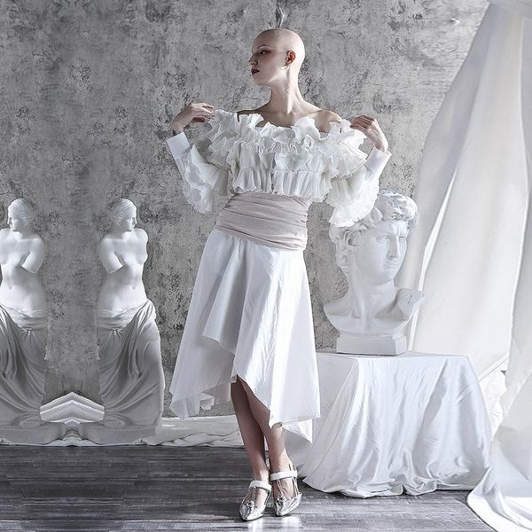 

2021 new spring autumn slash neck long sleeve white ruffles split joint loose temperament shirt women blouse fashion