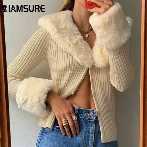 

iamsure fur collar green open cardigan button up ladies sweaters cropped knitwear v-neck tight crop women 2021 winter korean, White;black