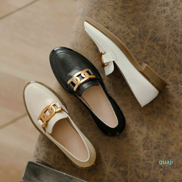 

boots women real leather flats chunky hooks loafers metals decor round nose skid proof deep lent casual shoes, Black