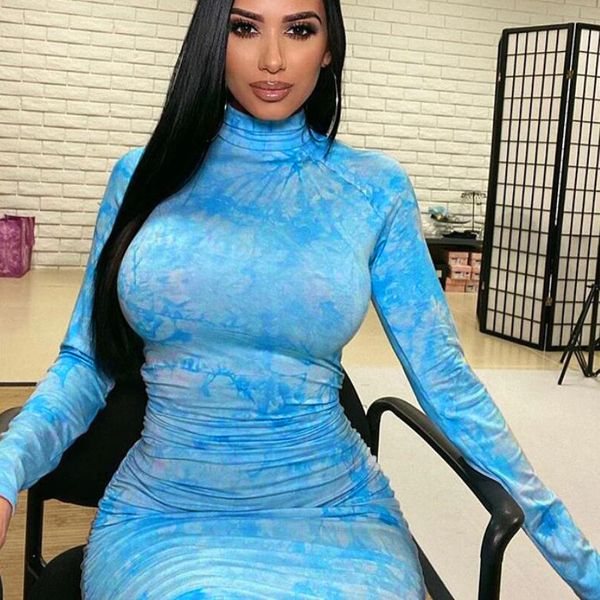 Anjamanor Blue Tie Tintura Maxi Vestido Sexy Club Vestidos Primavera 2020 Plus Size Elegante Ruched Manga Longa Bodycon Dress D37-DZ38 Y0118