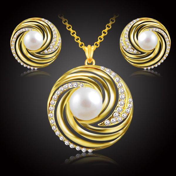

imitation pearl necklace earring set women fashion african nigerian wedding crystal gold color rhinestone jewelry sets, Silver