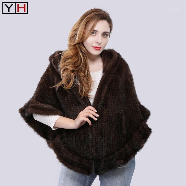 

women's fur & faux fashion women shawl winter knitted real stole with hood elegant, Black