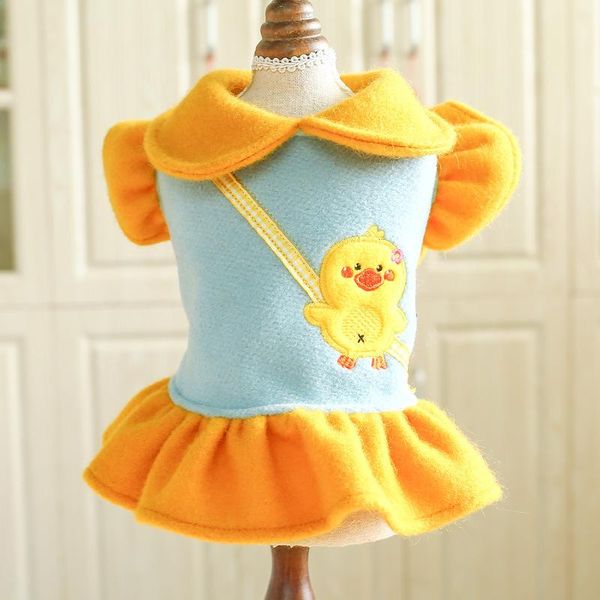 

dog apparel pet clothes for small autumn and winter cute duckling animals printed yellow dress woolen strap dresses