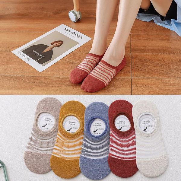 

fast shipping 2021 new arrival 5 pairs slipper invisible striped women's short socks cotton no show socks for women, Black;white