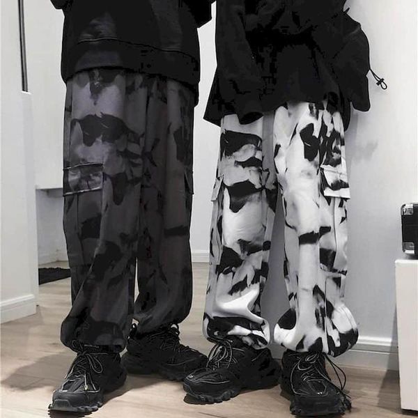 

men's pants wide leg men women korean harajuku high street retro tie-dye cargo loose hip-hop casual lovers trousers punk bottoms, Black