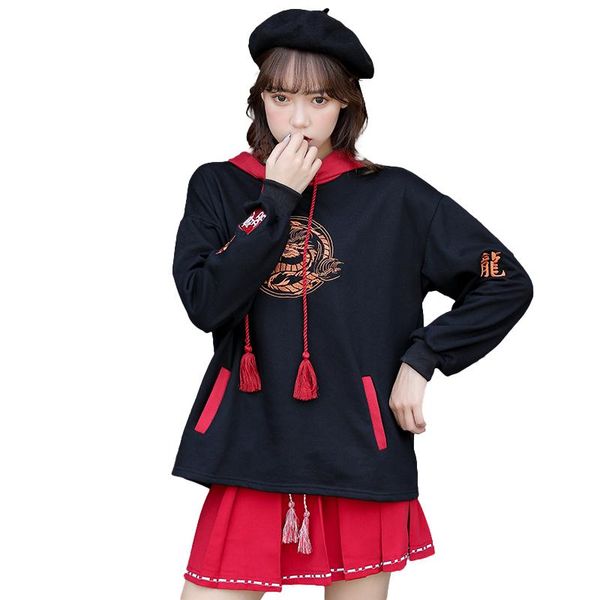 

women's hoodies & sweatshirts fleece balck hooded sweatshirt chinese dragon embroidery women 2021 winter oversize sweet style female ha, Black