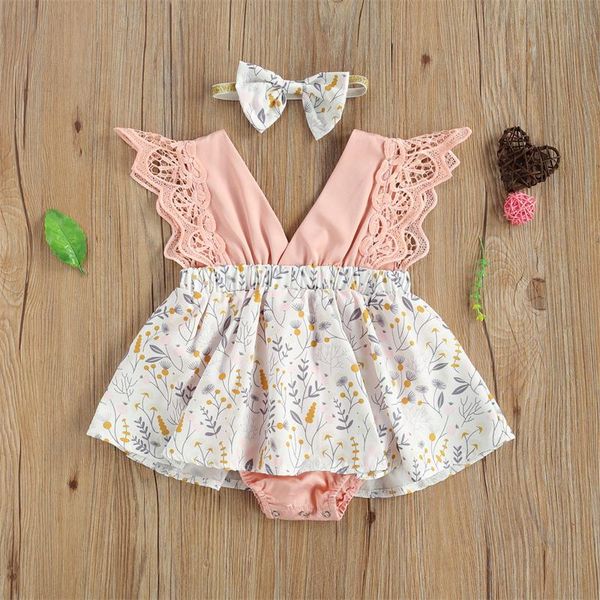 

jumpsuits baby girl romper summer 2021 born flower printed + bow headband 0-24m toddler clothing for birthday, Blue