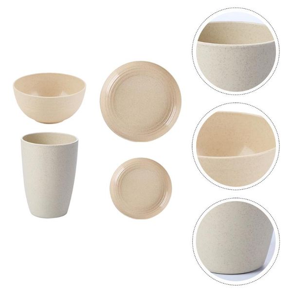 

spoons 4pcs wheat straw tableware bowl cup plate set presents (beige)