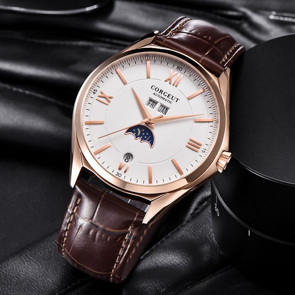 

moon phase mens corgeut 41mm fashtion white dial automatic mechanical wristwatches 316l steel rose gold case watch 3, Slivery;brown