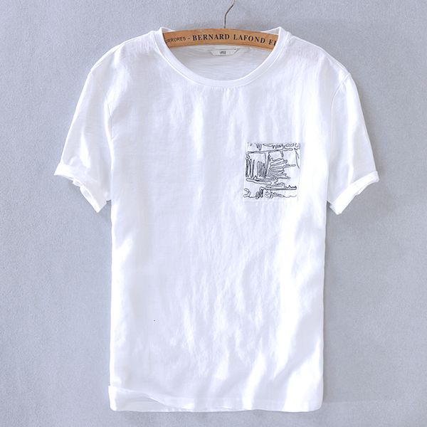 

2021 summer new men's linen short-sleeved t-shirt round neck white breathable casual t shirt solid fashion tshirt men camisa 0rre, White;black