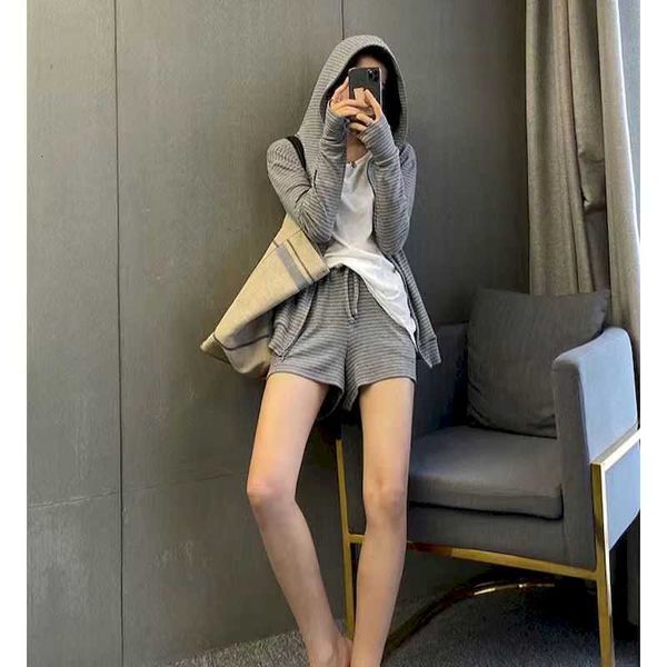 

women's hoodies & sweatshirts spring summer womens suits casual sports chic striped shorts two piece sets hooded lazy style suit w, Black