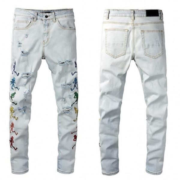 

2021 new mens jeans distressed motorcycle biker jean rock skinny slim ripped hole stripe fashionable snake embroidery denim pants, Blue