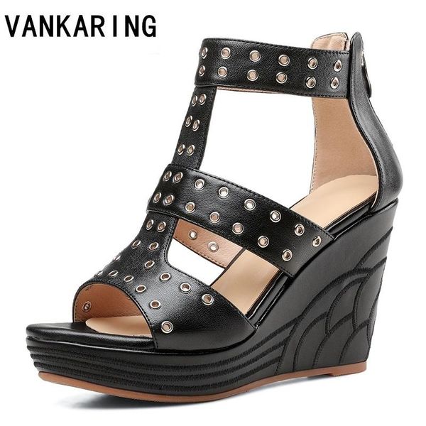 

dress shoes summer woman flat punk platform sandals women soft leather buckle casual open toe gladiator wedges, Black