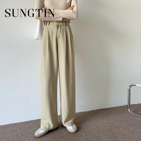 

women's pants & capris sungtin casual loose office lady blazer women basic elastic waist pant ol straight wide leg trouser korean sprin, Black;white
