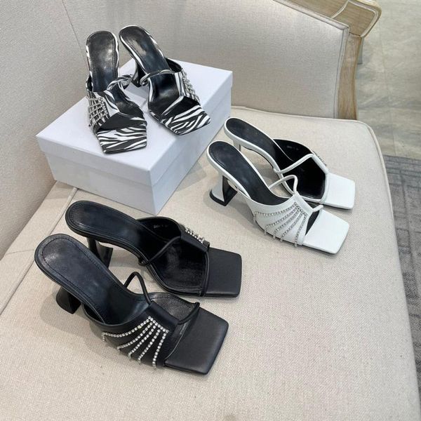 

slippers 2021 summer fashion women's sandals real leather high heels pumps square toes fringe hoof shoes, Black
