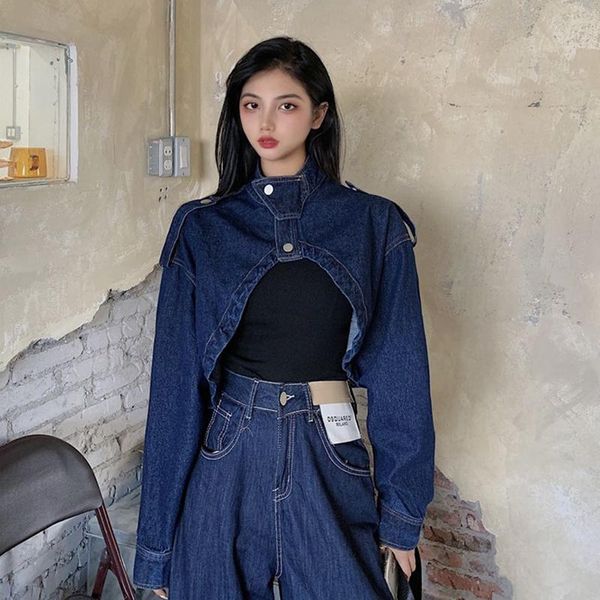 

women's jackets autumn korean long-sleeved stand collar single breasted irregular short denim jacket women coats fashion streetwear 202, Black;brown