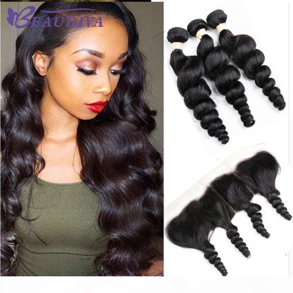 

brazilian loose wave virgin human hair bundles with frontal 13x4 ear to ear lace closure with bundles remy body wave silky straight hair, Black;brown