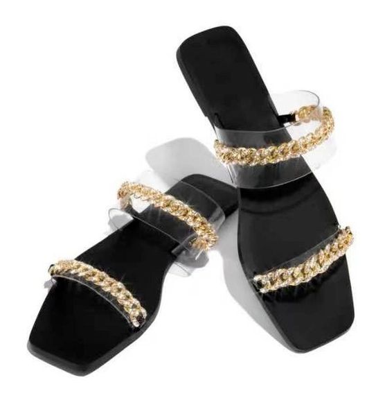

slippers women's shoes summer outdoor for female bling rhinestone chain flat party slides ladies transparent flip flops, Black